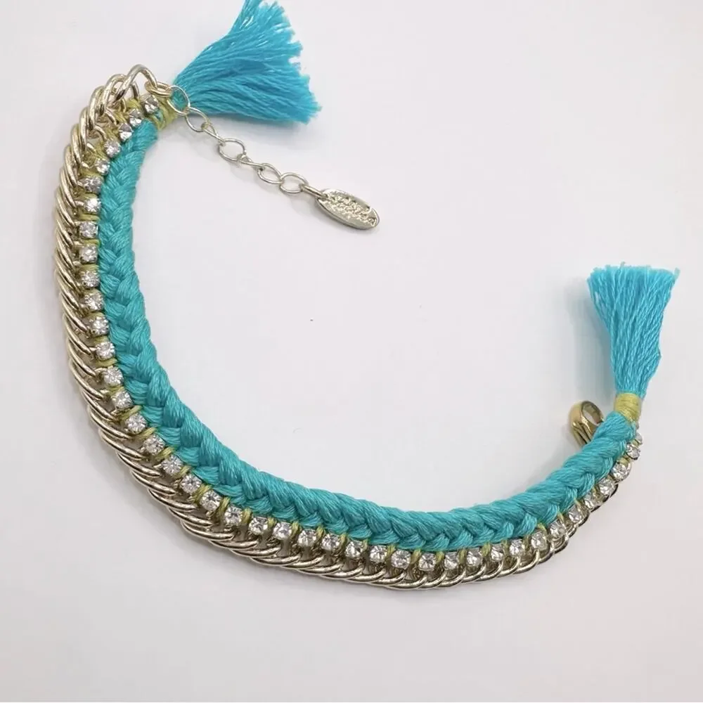 ETTIKA Gold Tone Chain Turquoise Blue Braided Bracelet Tassel Boho Bohemian